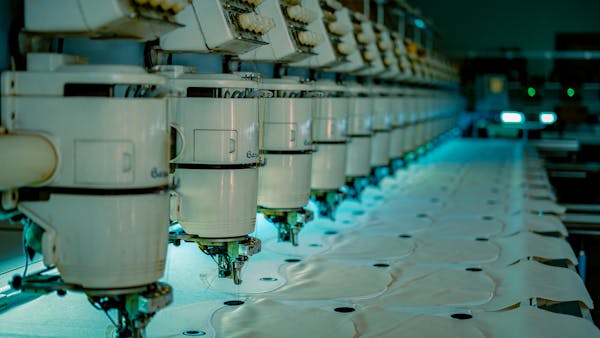 Row of industrial sewing machines in a textile factory